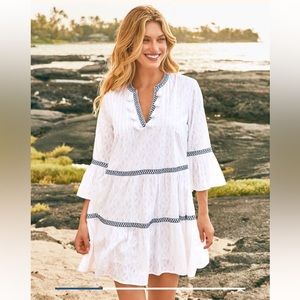 Tommy Bahama Cotton Clip Embroidered Tier Dress, White, XS